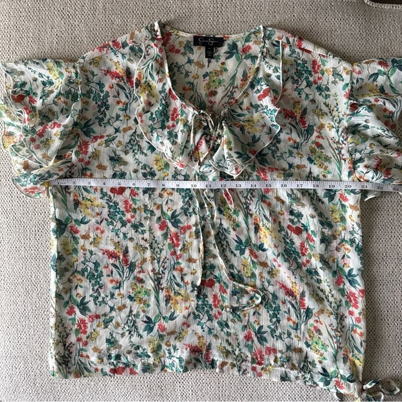Jessica Simpson Floral Top Semi Sheer Ties at Neck and Hem Flutter Sleeve Size M - Picture 7 of 8